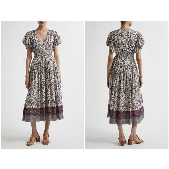 NEW $450 ULLA JOHNSON Lyria Flutter Sleeve  Floral Cotton Blend Midi Dress Sz 4 - Picture 3 of 7